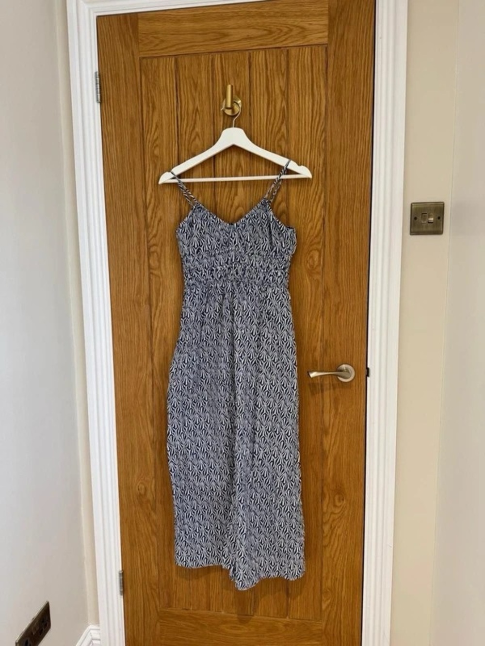 Navy Printed Midi Dress with Spaghetti Straps